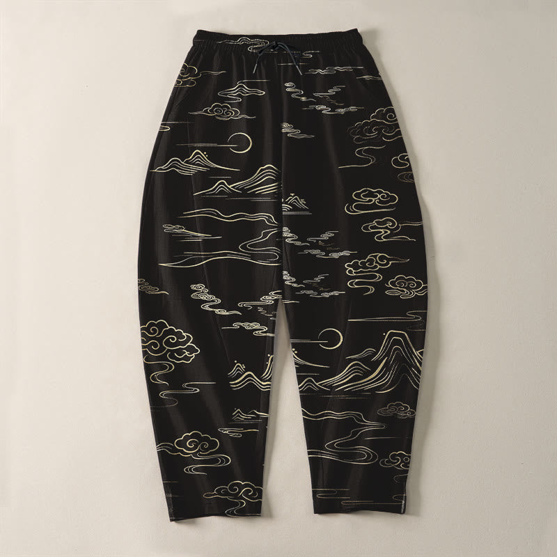 Buddha Stones Pantalon fuselé pour homme en pur coton, motif vagues et nuages, cordon de serrage et poches - image 2