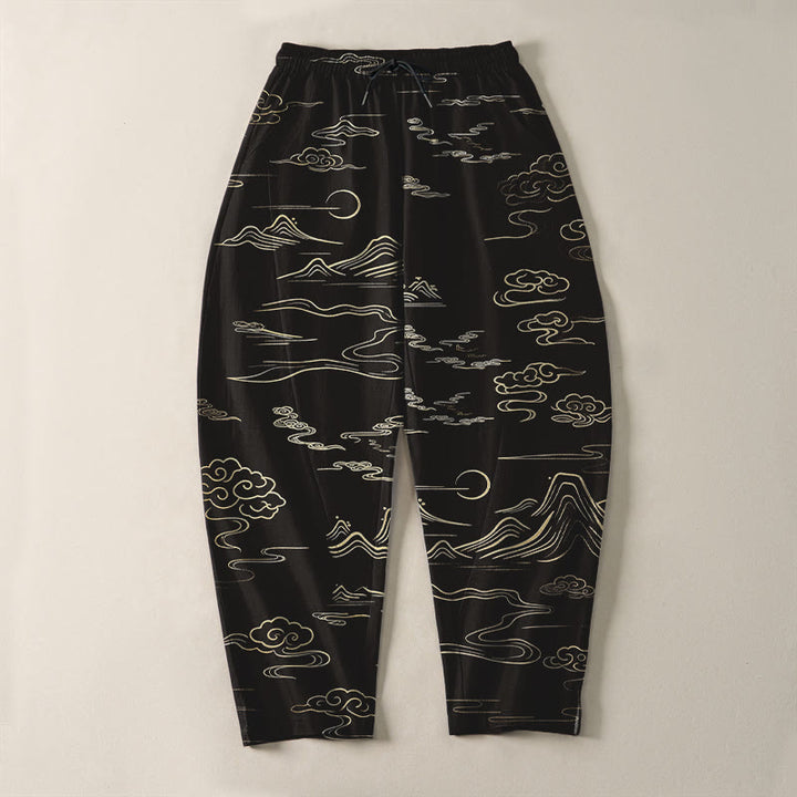 Buddha Stones Pantalon fuselé pour homme en pur coton, motif vagues et nuages, cordon de serrage et poches - image 2