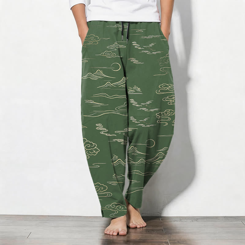 Buddha Stones Pantalon fuselé pour homme en pur coton, motif vagues et nuages, cordon de serrage et poches - Vert olive foncé - US/UK/AU50，EU60 (5XL) - image 7