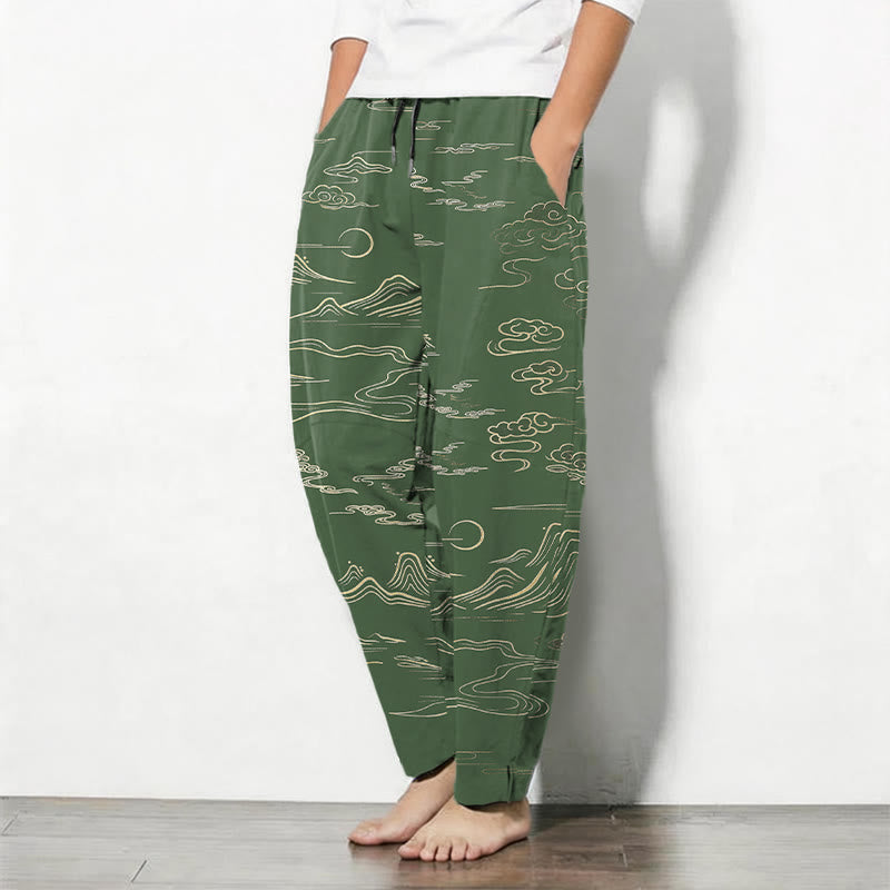 Buddha Stones Pantalon fuselé pour homme en pur coton, motif vagues et nuages, cordon de serrage et poches - image 8