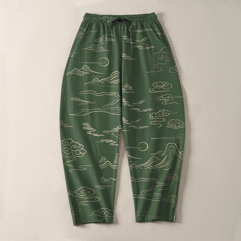 Buddha Stones Pantalon fuselé pour homme en pur coton, motif vagues et nuages, cordon de serrage et poches - image 9