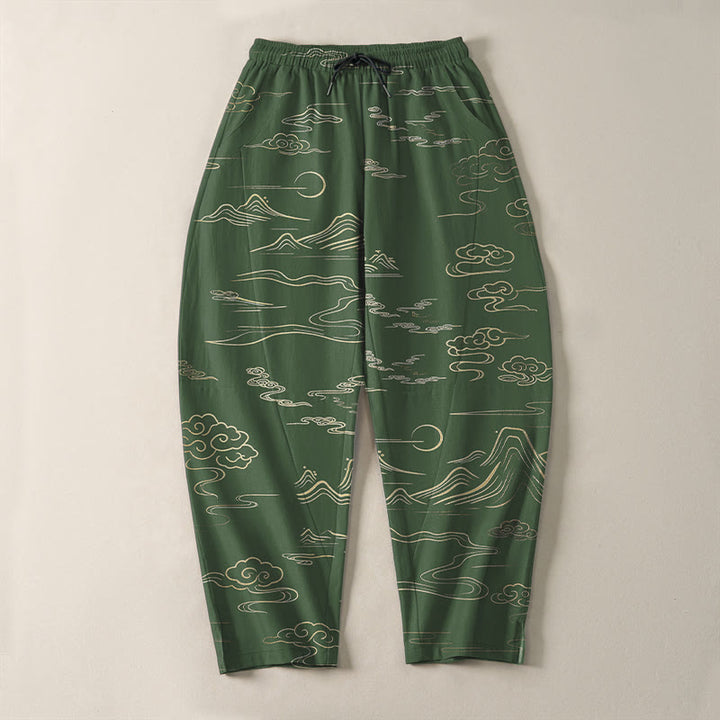 Buddha Stones Pantalon fuselé pour homme en pur coton, motif vagues et nuages, cordon de serrage et poches - image 9