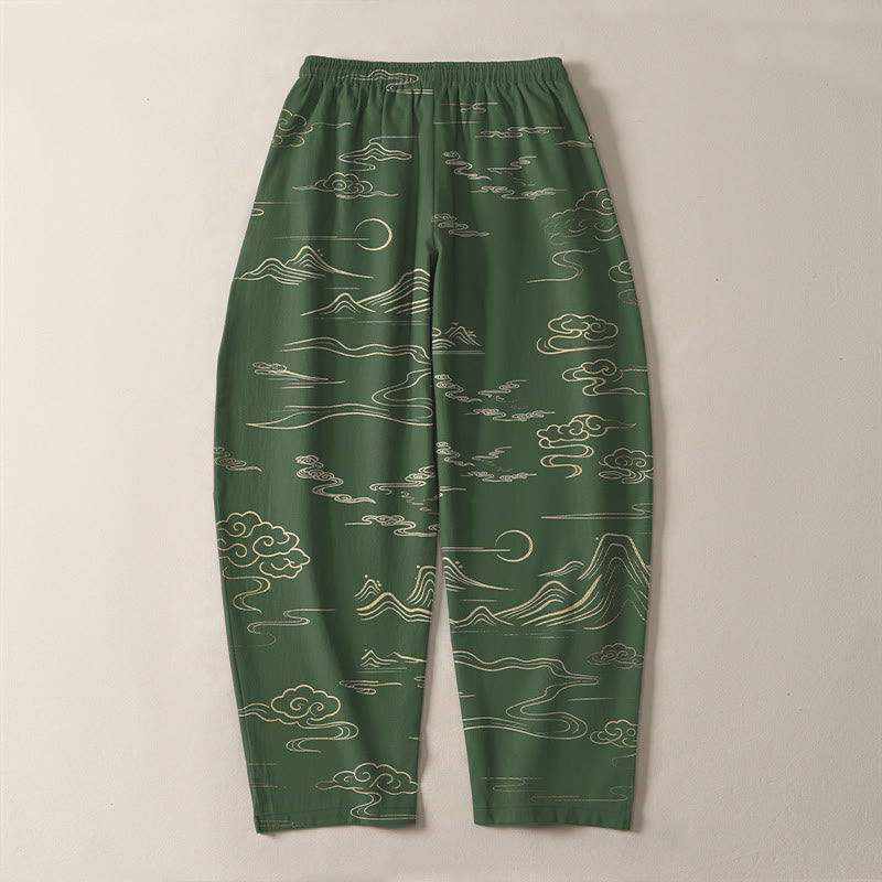 Buddha Stones Pantalon fuselé pour homme en pur coton, motif vagues et nuages, cordon de serrage et poches - image 10