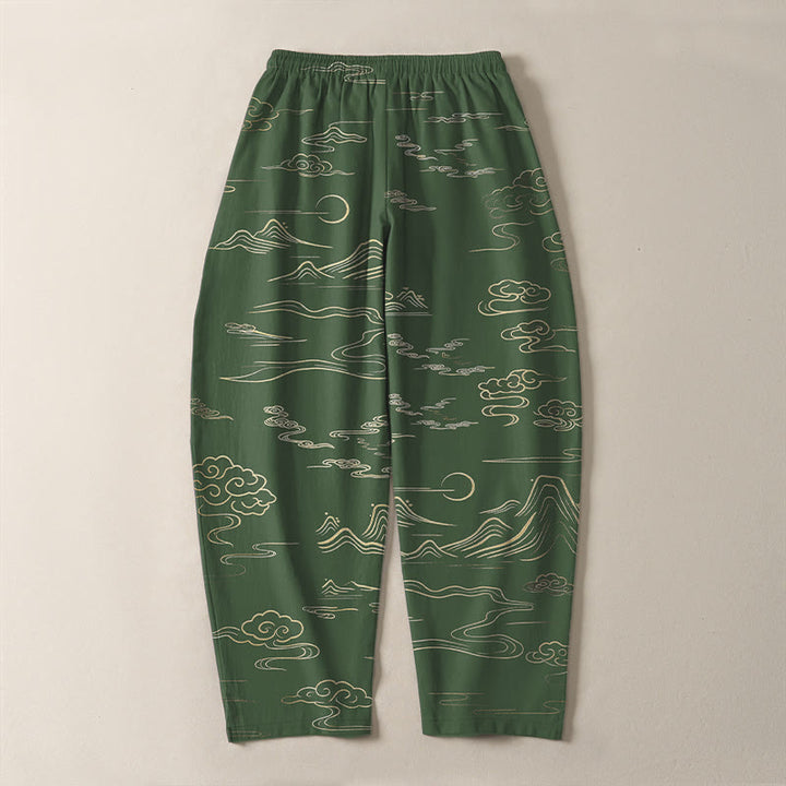 Buddha Stones Pantalon fuselé pour homme en pur coton, motif vagues et nuages, cordon de serrage et poches - image 10