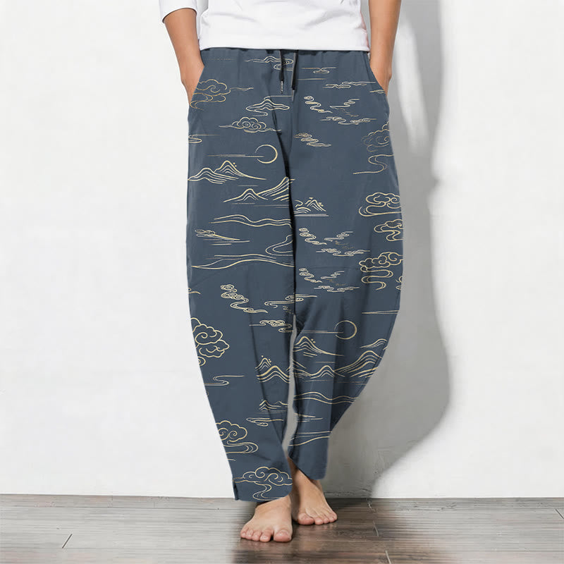 Buddha Stones Pantalon fuselé pour homme en pur coton, motif vagues et nuages, cordon de serrage et poches - SteelBlue - US/UK/AU50，EU60 (5XL) - image 11