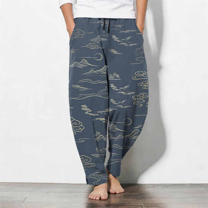 Buddha Stones Pantalon fuselé pour homme en pur coton, motif vagues et nuages, cordon de serrage et poches - SteelBlue - US/UK/AU50，EU60 (5XL) - image 11
