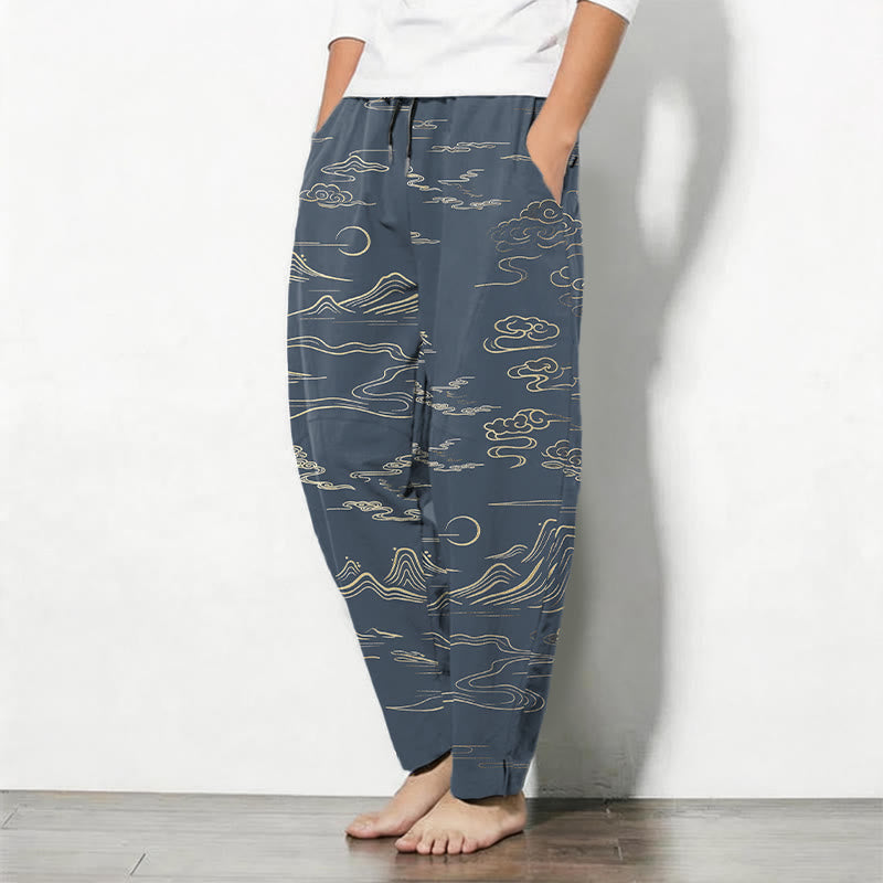 Buddha Stones Pantalon fuselé pour homme en pur coton, motif vagues et nuages, cordon de serrage et poches - image 12
