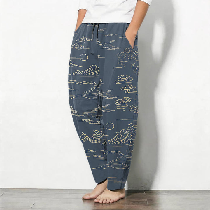Buddha Stones Pantalon fuselé pour homme en pur coton, motif vagues et nuages, cordon de serrage et poches - image 12