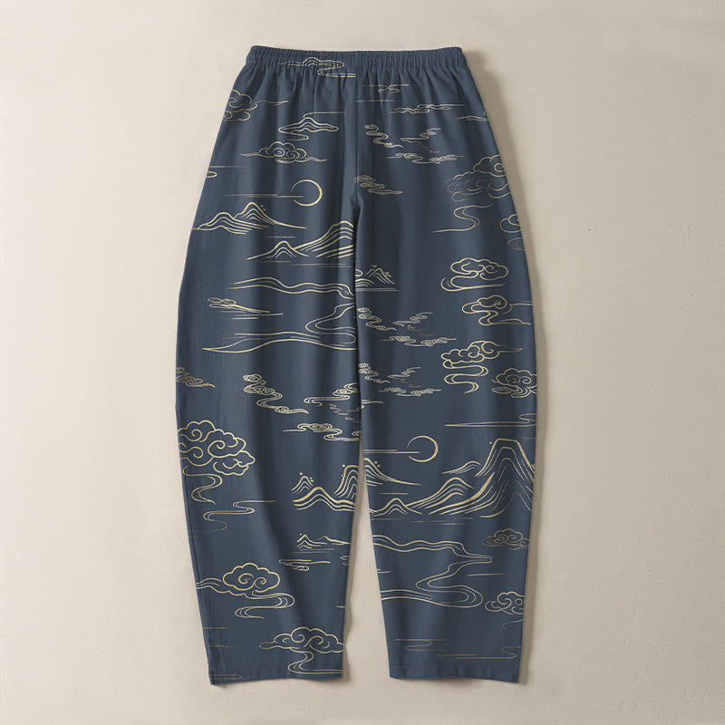 Buddha Stones Pantalon fuselé pour homme en pur coton, motif vagues et nuages, cordon de serrage et poches - image 14