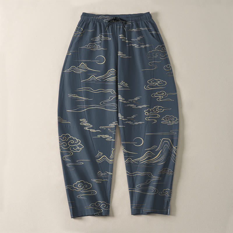Buddha Stones Pantalon fuselé pour homme en pur coton, motif vagues et nuages, cordon de serrage et poches - image 13