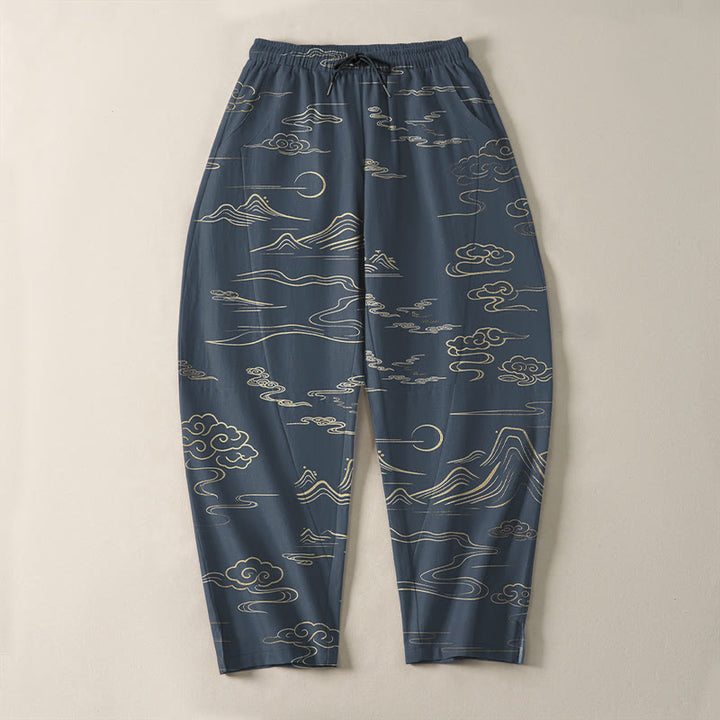 Buddha Stones Pantalon fuselé pour homme en pur coton, motif vagues et nuages, cordon de serrage et poches - image 13