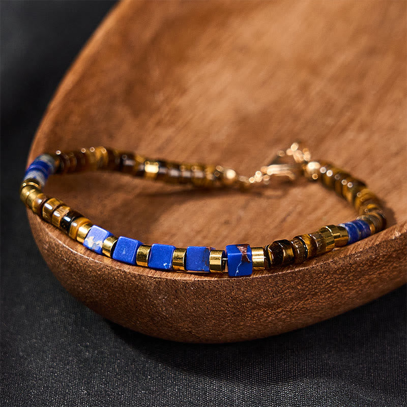 Buddha Stones Bracelet de sagesse carré en perles de lapis-lazuli et œil de tigre - image 2