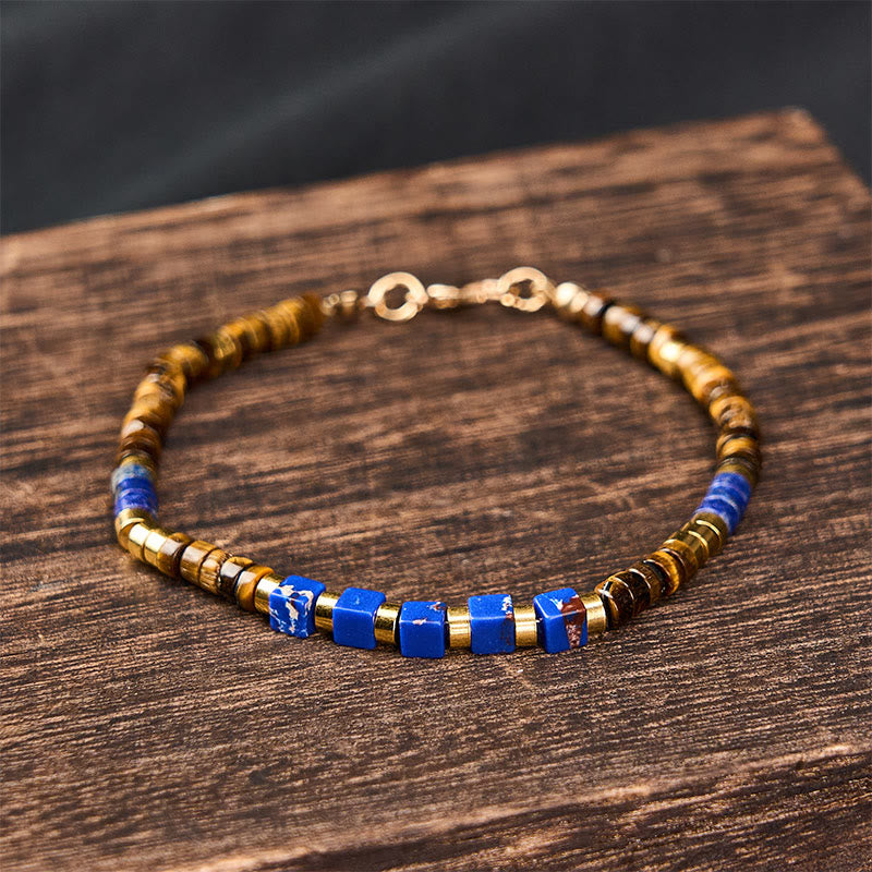 Buddha Stones Bracelet de sagesse carré en perles de lapis-lazuli et œil de tigre - image 1