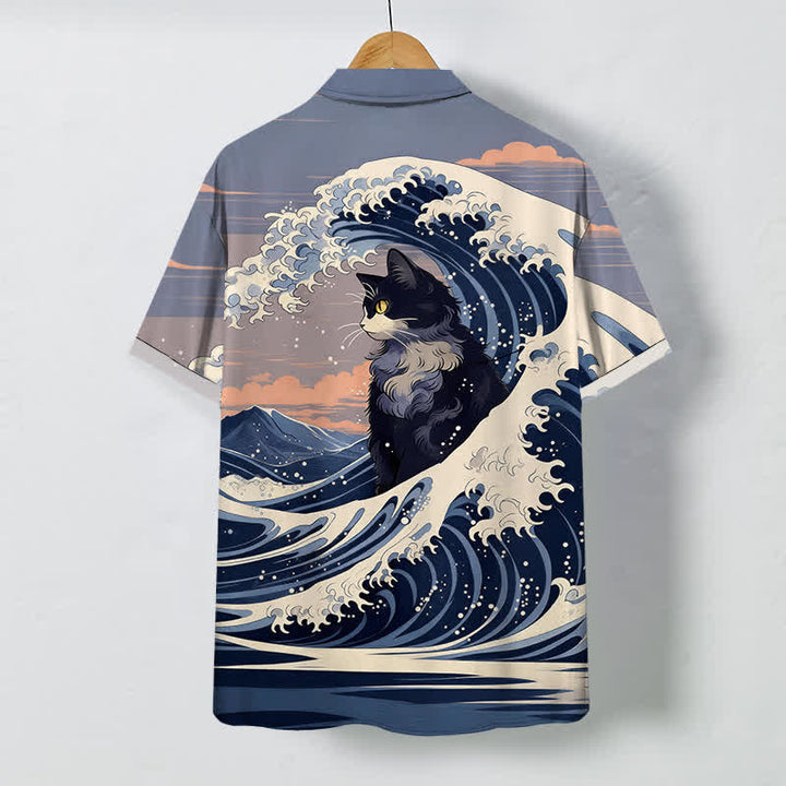 Buddha Stones Chemise à manches courtes respirante pour homme, motif chat noir Great Wave - image 1