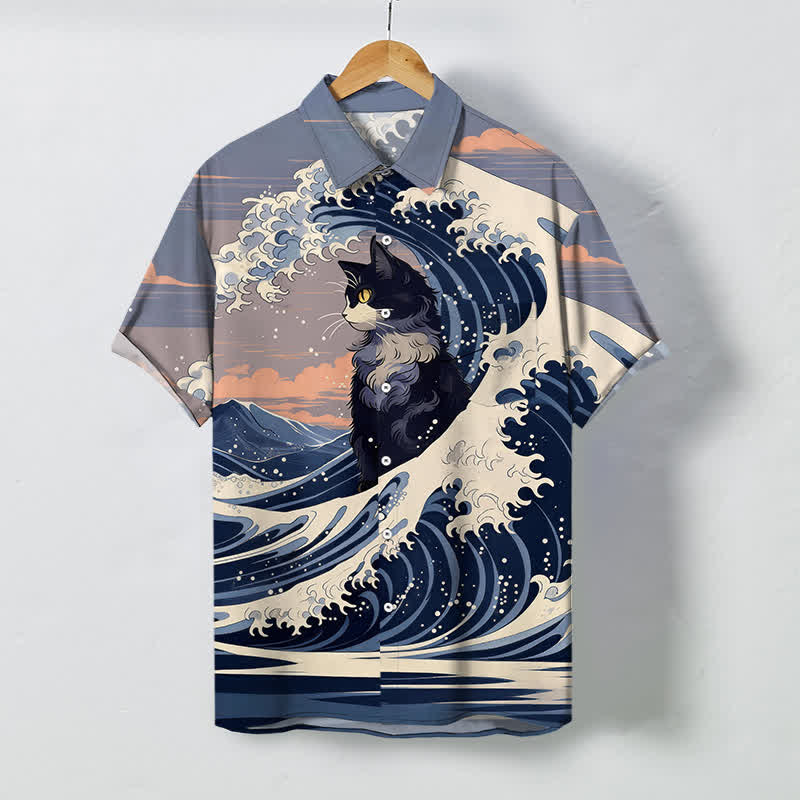 Buddha Stones Chemise à manches courtes respirante pour homme, motif chat noir Great Wave - Bleu acier clair - US/UK/AU48，EU58 (4XL) - image 0