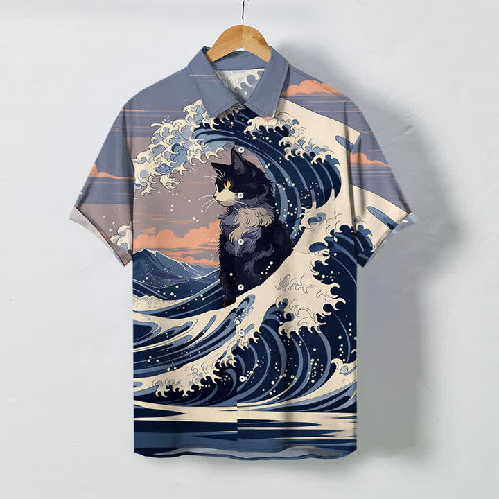 Buddha Stones Chemise à manches courtes respirante pour homme, motif chat noir Great Wave - Bleu acier clair - US/UK/AU48，EU58 (4XL) - image 0