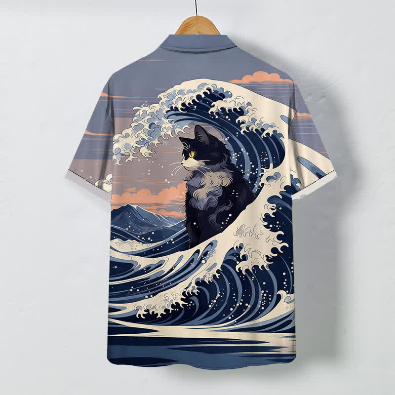 Buddha Stones Chemise à manches courtes respirante pour homme, motif chat noir Great Wave - image 1