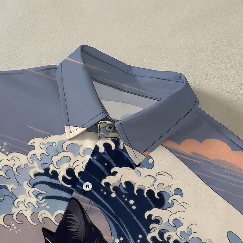 Buddha Stones Chemise à manches courtes respirante pour homme, motif chat noir Great Wave - image 2