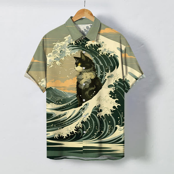 Buddha Stones Chemise à manches courtes respirante pour homme, motif chat noir Great Wave - Vert olive - US/UK/AU48，EU58 (4XL) - image 5
