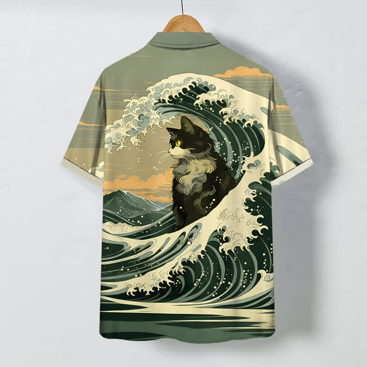Buddha Stones Chemise à manches courtes respirante pour homme, motif chat noir Great Wave - image 6