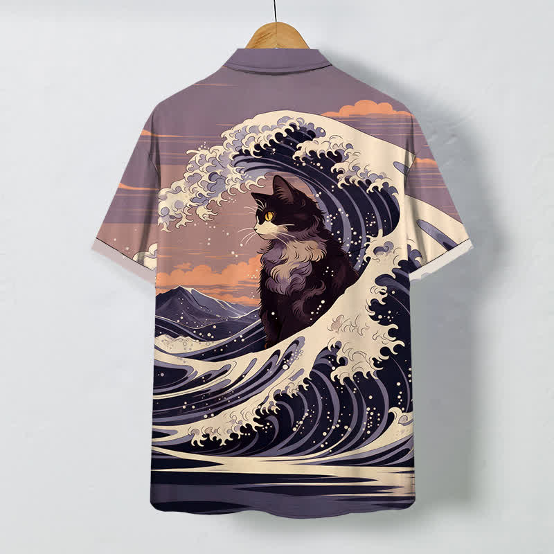 Buddha Stones Chemise à manches courtes respirante pour homme, motif chat noir Great Wave - image 8