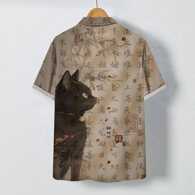 Buddha Stones Chemise à manches courtes respirante pour homme avec boutons à motif de sceau calligraphié chat noir - image 1