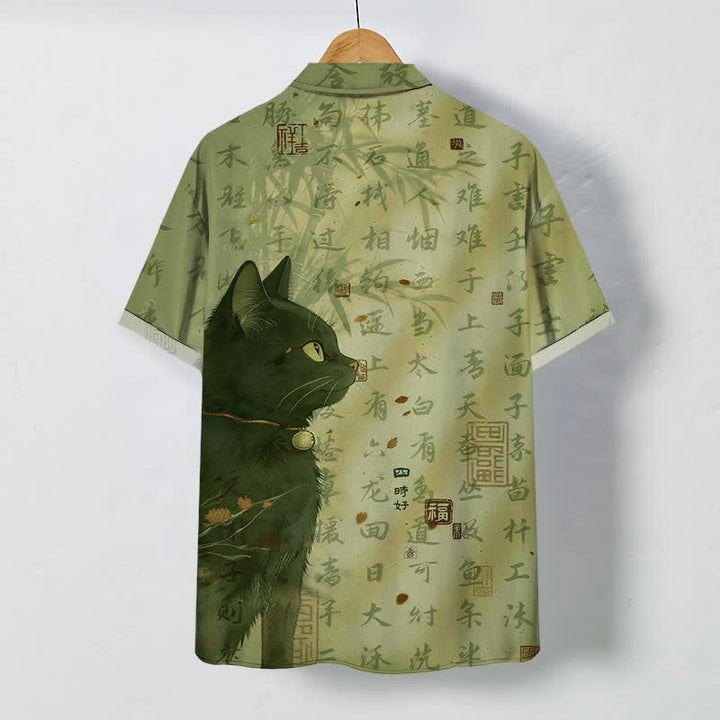 Buddha Stones Chemise à manches courtes respirante pour homme avec boutons à motif de sceau calligraphié chat noir - image 6