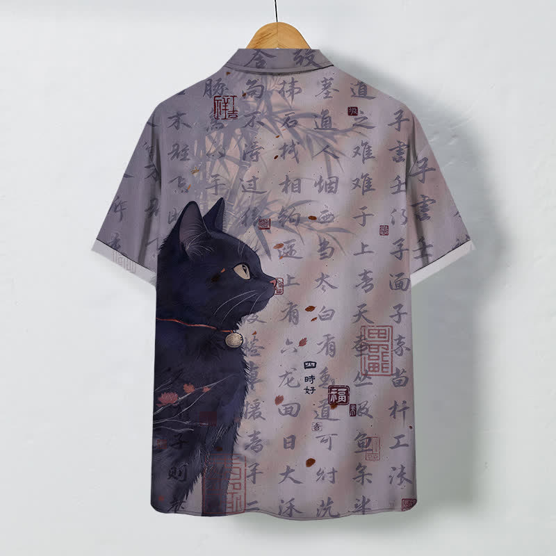 Buddha Stones Chemise à manches courtes respirante pour homme avec boutons à motif de sceau calligraphié chat noir - image 8