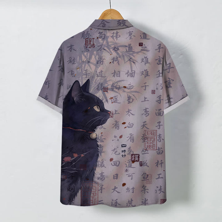 Buddha Stones Chemise à manches courtes respirante pour homme avec boutons à motif de sceau calligraphié chat noir - image 8