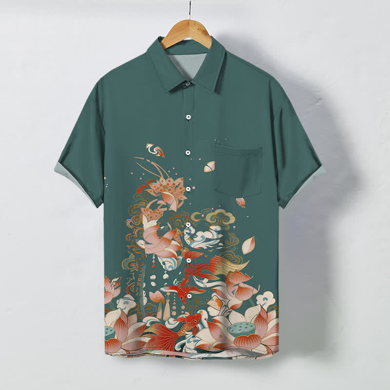 Buddha Stones Chemise à manches courtes respirante pour homme, motif lotus, carpe koï, nuage et vagues. - Sarcelle - US/UK/AU48，EU58 (4XL) - image 0