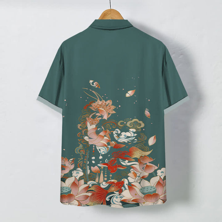 Buddha Stones Chemise à manches courtes respirante pour homme, motif lotus, carpe koï, nuage et vagues. - image 1