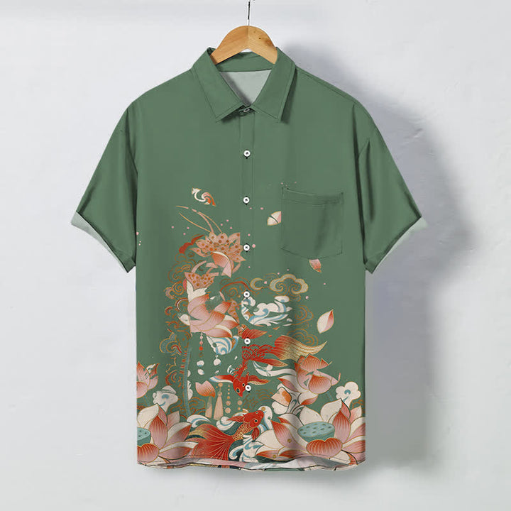 Buddha Stones Chemise à manches courtes respirante pour homme, motif lotus, carpe koï, nuage et vagues. - Vert foncé - US/UK/AU48，EU58 (4XL) - image 5