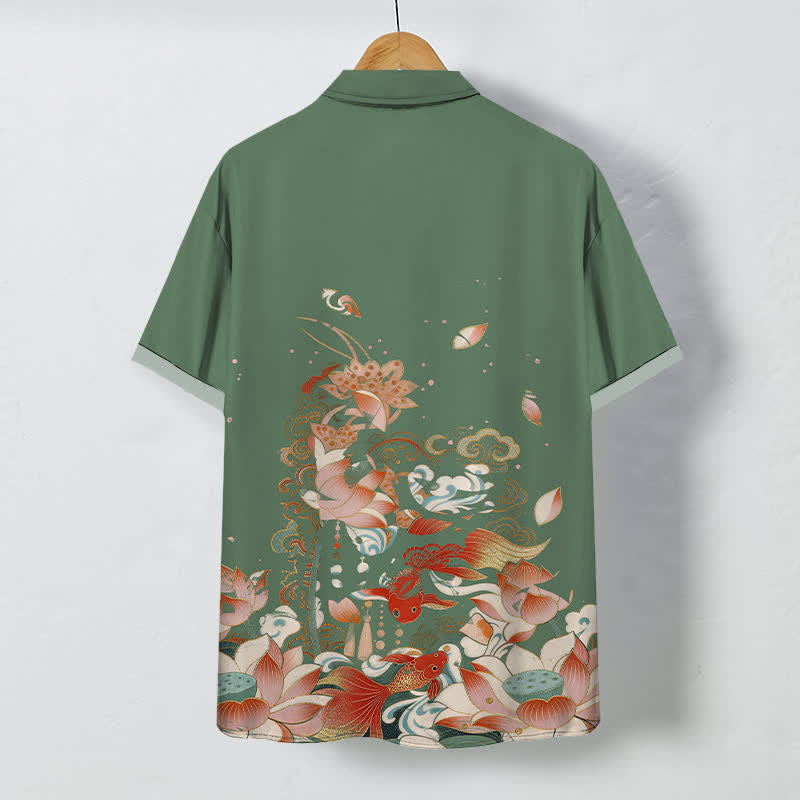 Buddha Stones Chemise à manches courtes respirante pour homme, motif lotus, carpe koï, nuage et vagues. - image 6