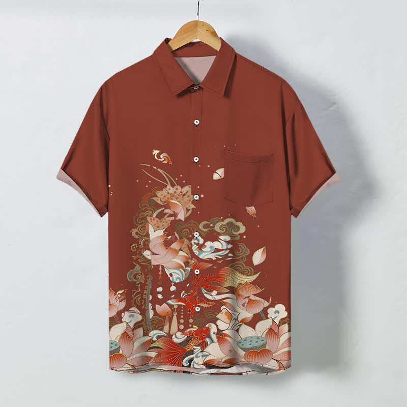 Buddha Stones Chemise à manches courtes respirante pour homme, motif lotus, carpe koï, nuage et vagues. - Terre de sienne - US/UK/AU48，EU58 (4XL) - image 7