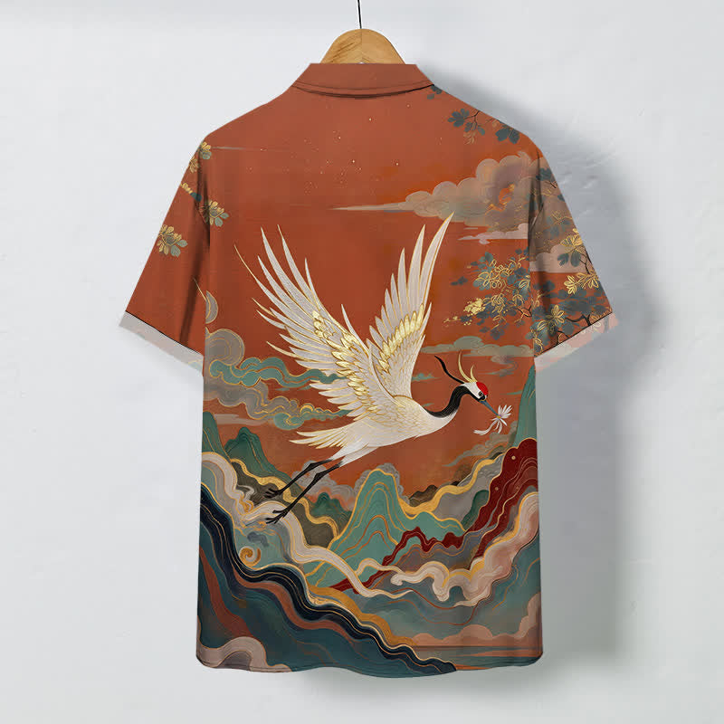 Buddha Stones Chemise à manches courtes respirante pour homme, motif de grue volante, nuage, vague et fleurs blanches. - image 1