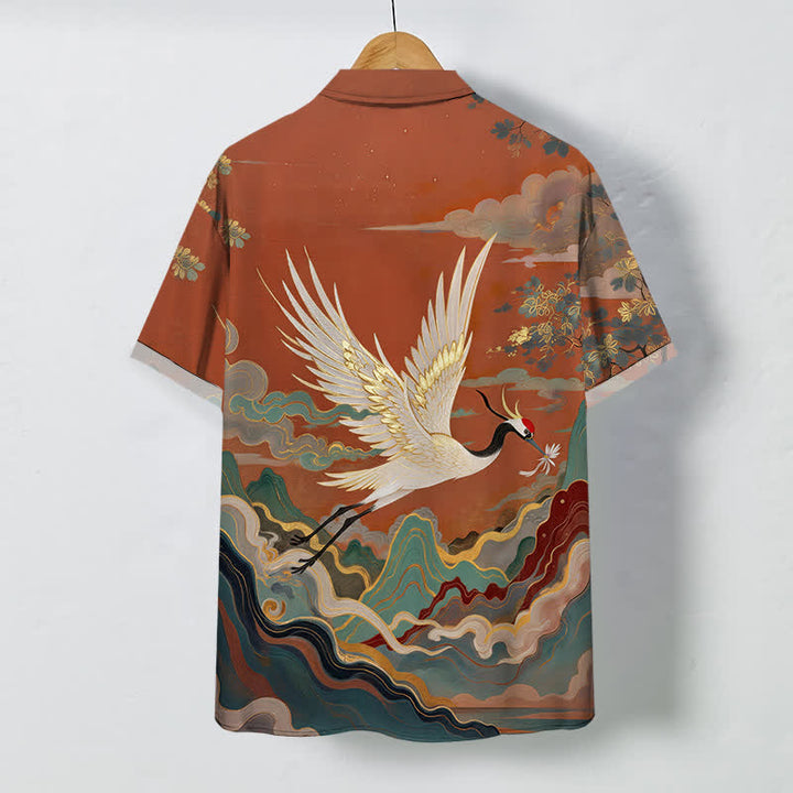 Buddha Stones Chemise à manches courtes respirante pour homme, motif de grue volante, nuage, vague et fleurs blanches. - image 1