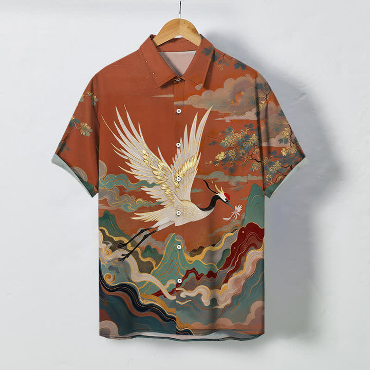 Buddha Stones Chemise à manches courtes respirante pour homme, motif de grue volante, nuage, vague et fleurs blanches. - Terre de sienne - US/UK/AU48，EU58 (4XL) - image 0