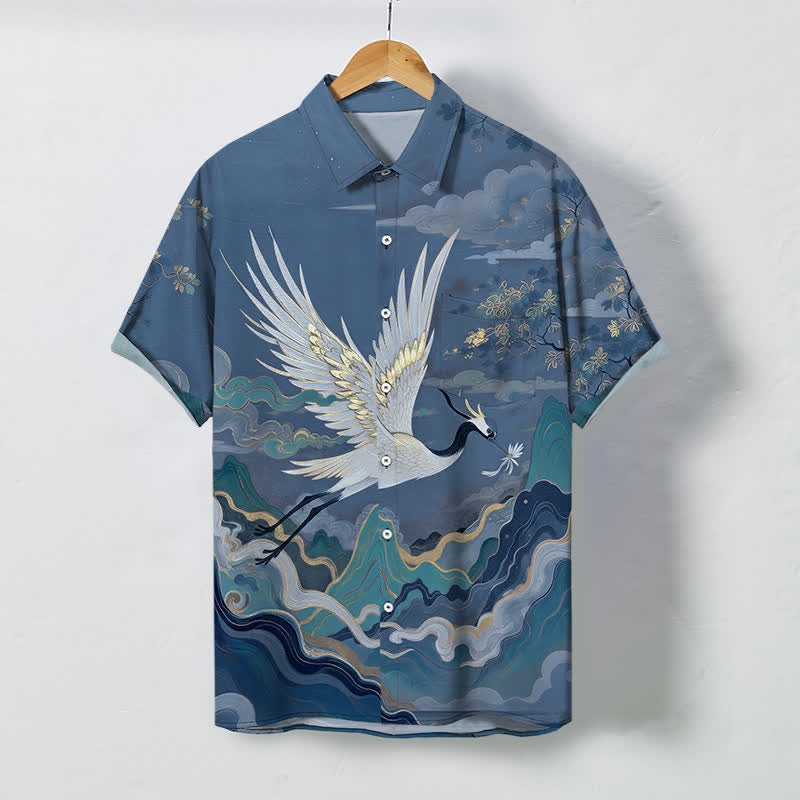 Buddha Stones Chemise à manches courtes respirante pour homme, motif de grue volante, nuage, vague et fleurs blanches. - SteelBlue - US/UK/AU48，EU58 (4XL) - image 5