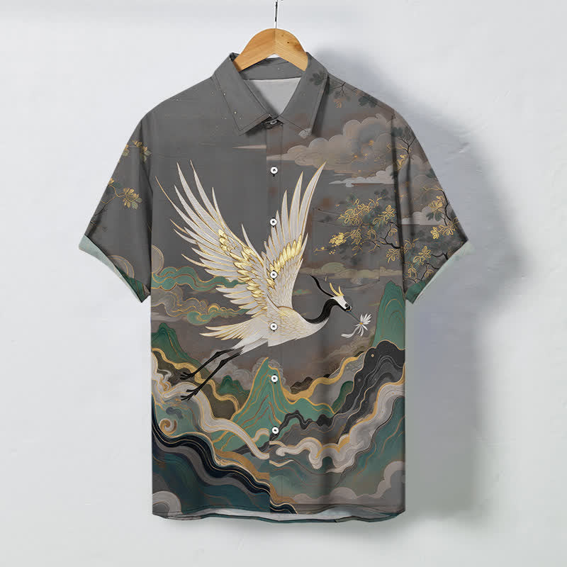 Buddha Stones Chemise à manches courtes respirante pour homme, motif de grue volante, nuage, vague et fleurs blanches. - Gris terne - US/UK/AU48，EU58 (4XL) - image 7