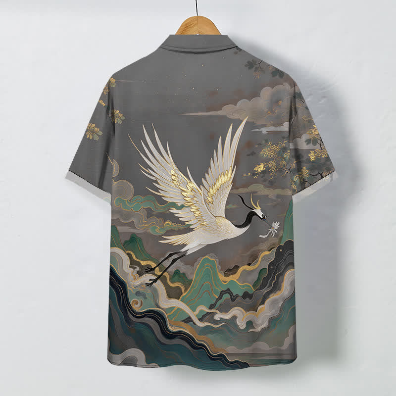 Buddha Stones Chemise à manches courtes respirante pour homme, motif de grue volante, nuage, vague et fleurs blanches. - image 8