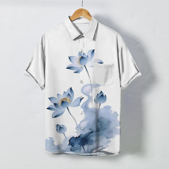 Buddha Stones Chemise à manches courtes pour homme, boutons à motif lotus bleu, infroissable - Blanc - US/UK/AU48，EU58 (4XL) - image 0