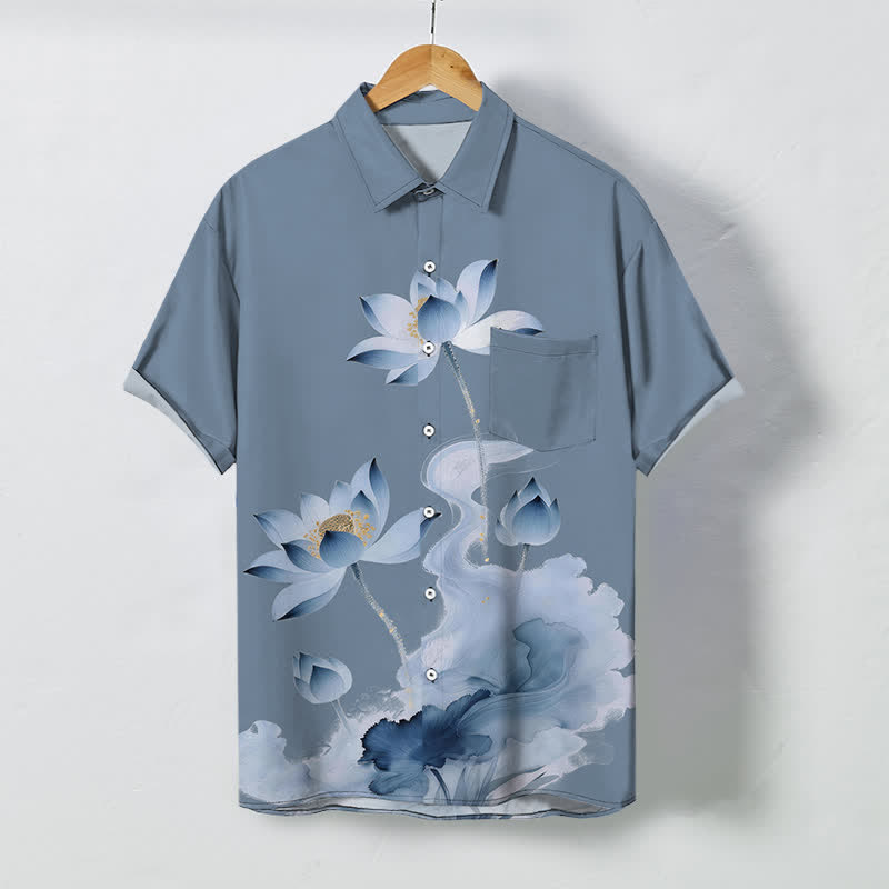 Buddha Stones Chemise à manches courtes pour homme, boutons à motif lotus bleu, infroissable - Bleu acier clair - US/UK/AU48，EU58 (4XL) - image 5