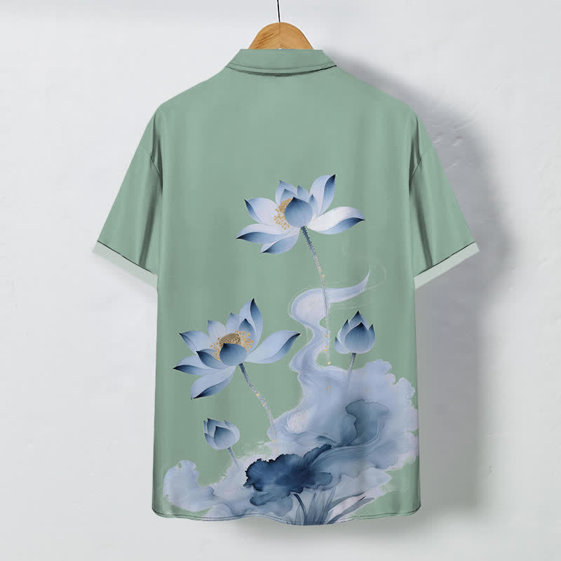 Buddha Stones Chemise à manches courtes pour homme, boutons à motif lotus bleu, infroissable - image 8