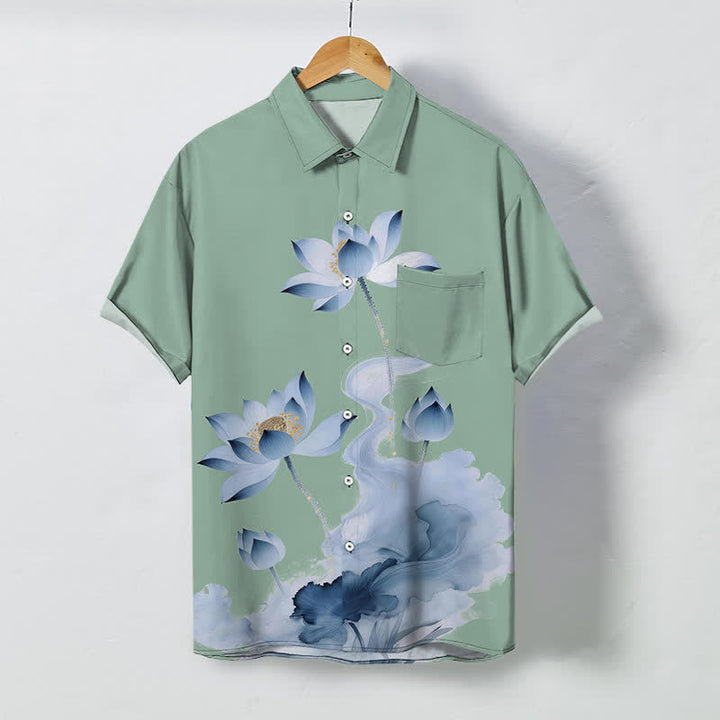 Buddha Stones Chemise à manches courtes pour homme, boutons à motif lotus bleu, infroissable - Vert foncé - US/UK/AU48，EU58 (4XL) - image 7