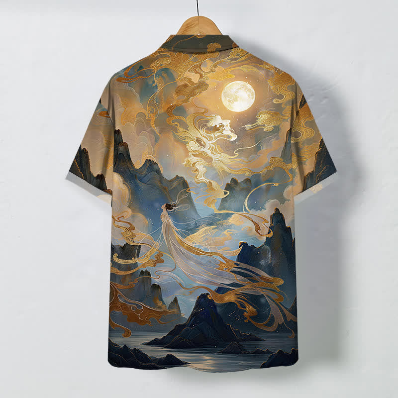 Buddha Stones Chemise à manches courtes pour homme, à boutons et motif nuage de lune de montagne brumeuse, infroissable - image 1
