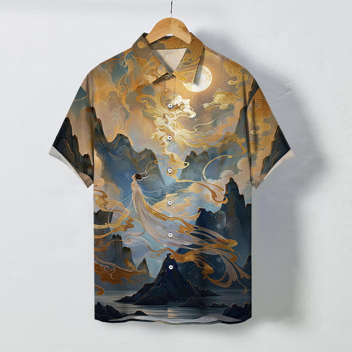 Buddha Stones Chemise à manches courtes pour homme, à boutons et motif nuage de lune de montagne brumeuse, infroissable - Tanné - US/UK/AU48，EU58 (4XL) - image 0