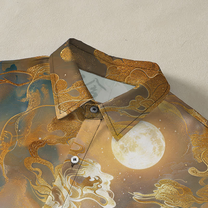 Buddha Stones Chemise à manches courtes pour homme, à boutons et motif nuage de lune de montagne brumeuse, infroissable - image 2
