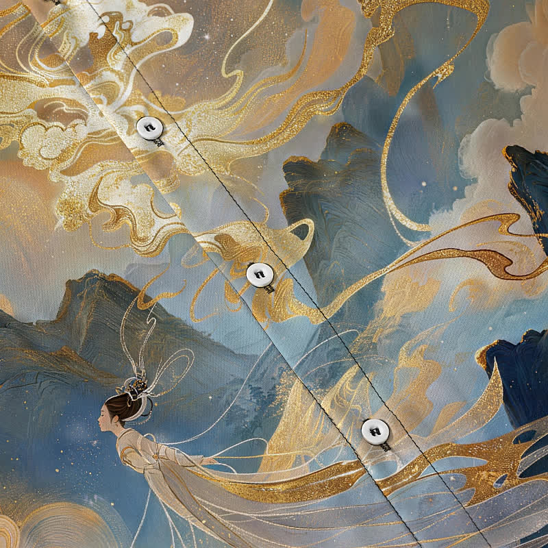 Buddha Stones Chemise à manches courtes pour homme, à boutons et motif nuage de lune de montagne brumeuse, infroissable - image 3