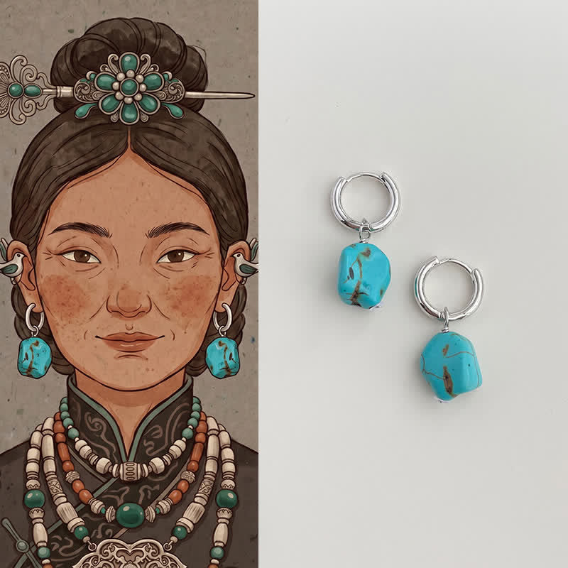Buddha Stones Boucles d'oreilles tibétaines créoles de protection en turquoise synthétique faites à la main - Turquoise (plaqué cuivre avec tiges en argent sterling 925) - image 0