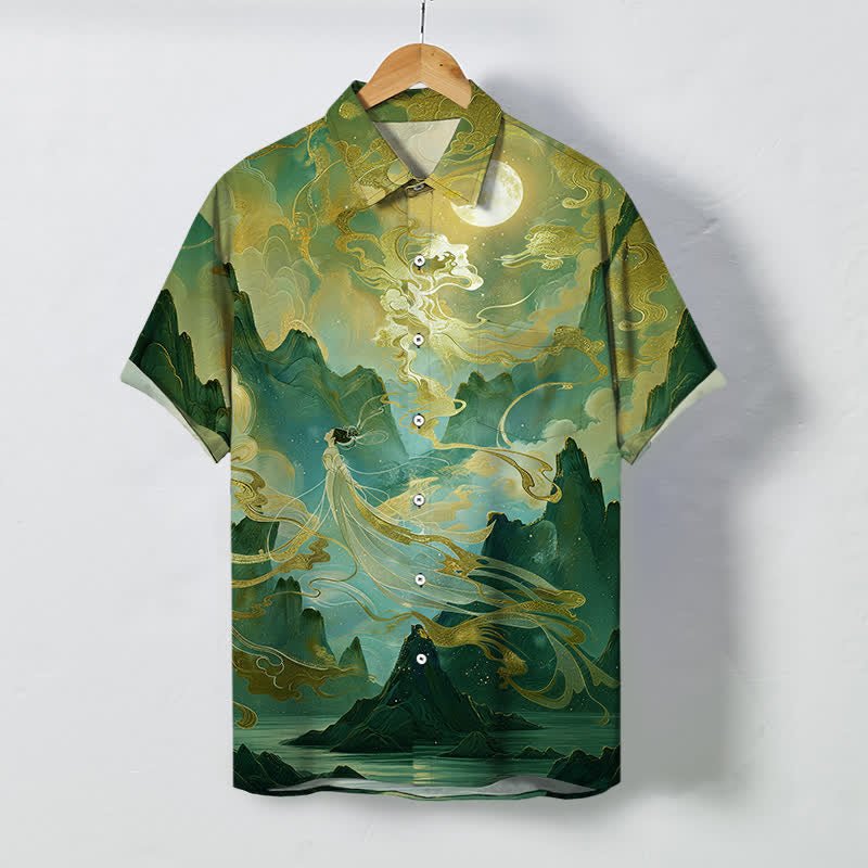 Buddha Stones Chemise à manches courtes pour homme, à boutons et motif nuage de lune de montagne brumeuse, infroissable - Vert d'eau - US/UK/AU48，EU58 (4XL) - image 5